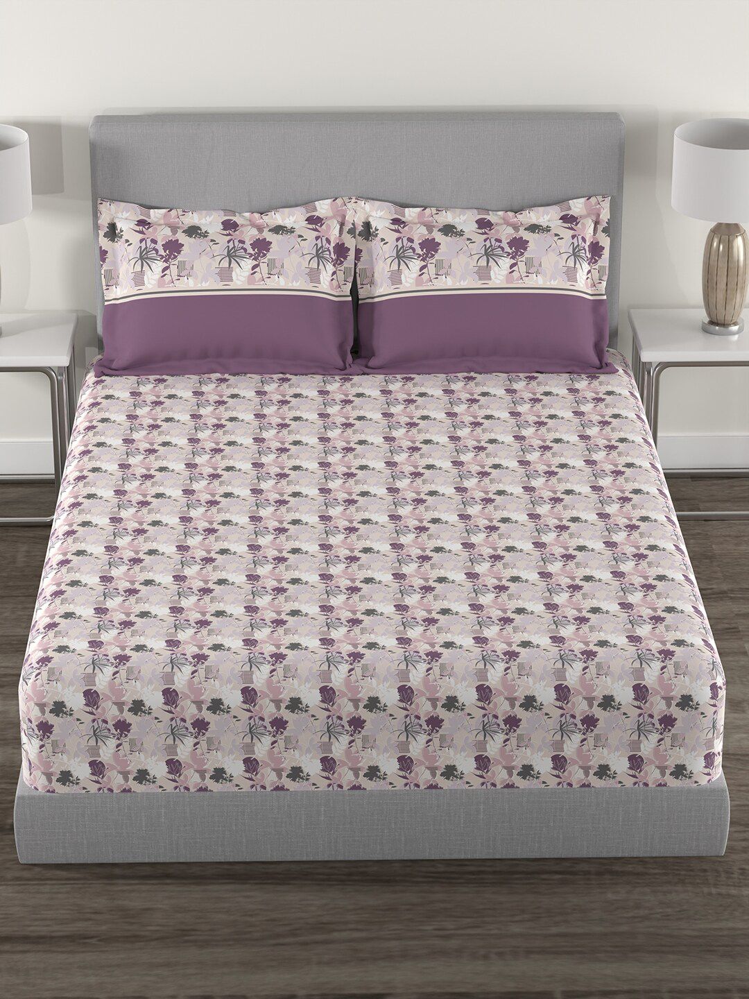 MYTRIDENT Mauve  White Floral Cotton 144 TC Queen Bedsheet With 2 Pillow Covers