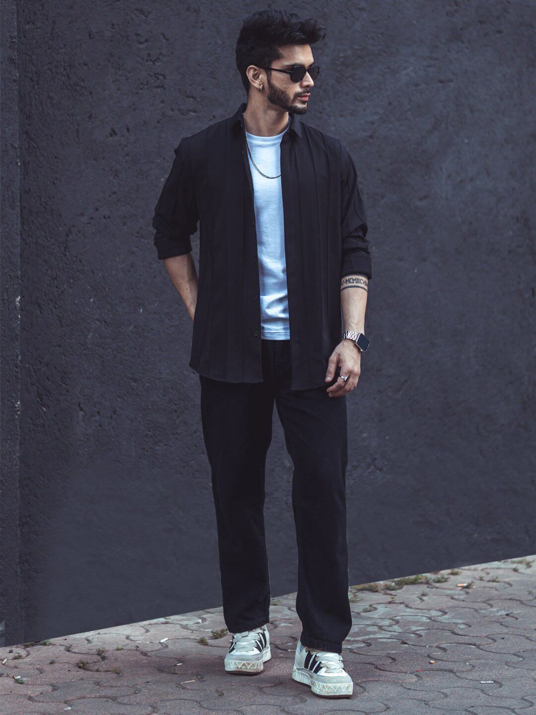 Powerlook Black Vertical Striped Dobby Casual Shirt