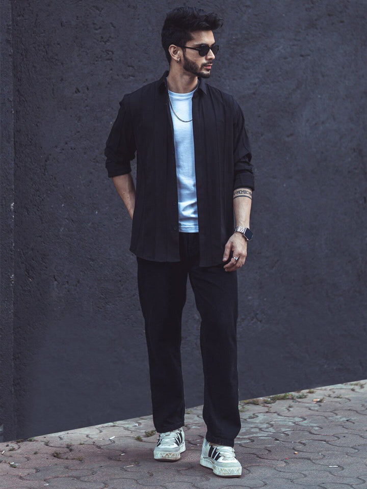 Powerlook Black Vertical Striped Dobby Casual Shirt