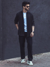 Powerlook Black Vertical Striped Dobby Casual Shirt