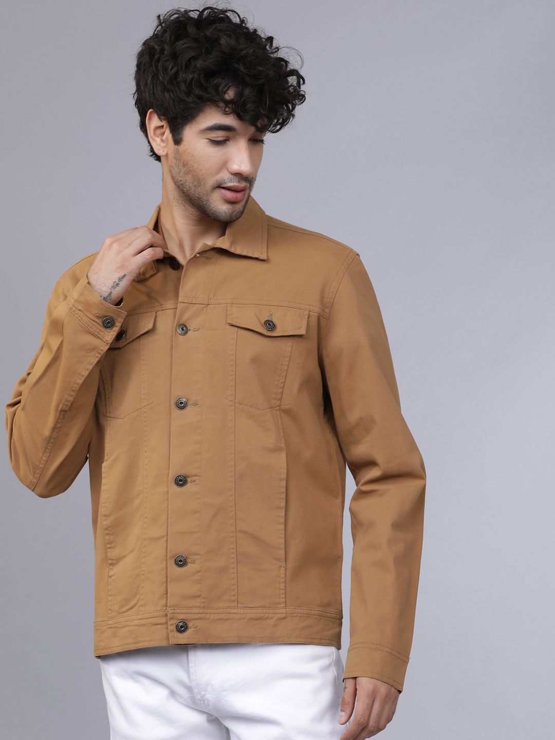 HIGHLANDER Men Beige Solid Denim Jacket