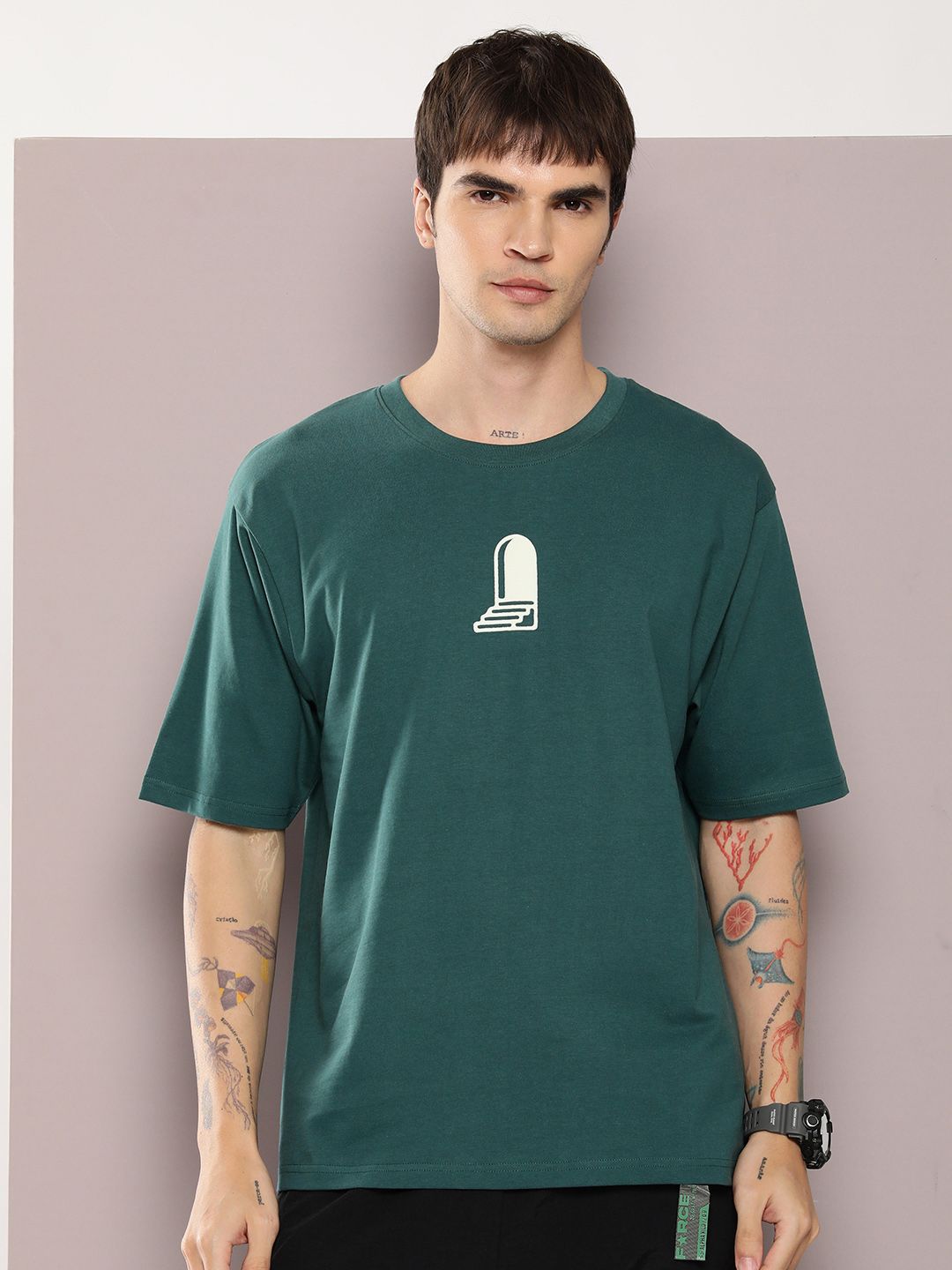 DILLINGER Men Graphic Printed Embossed Oversized Drop-Shoulder Sleeves Pure Cotton T-shirt