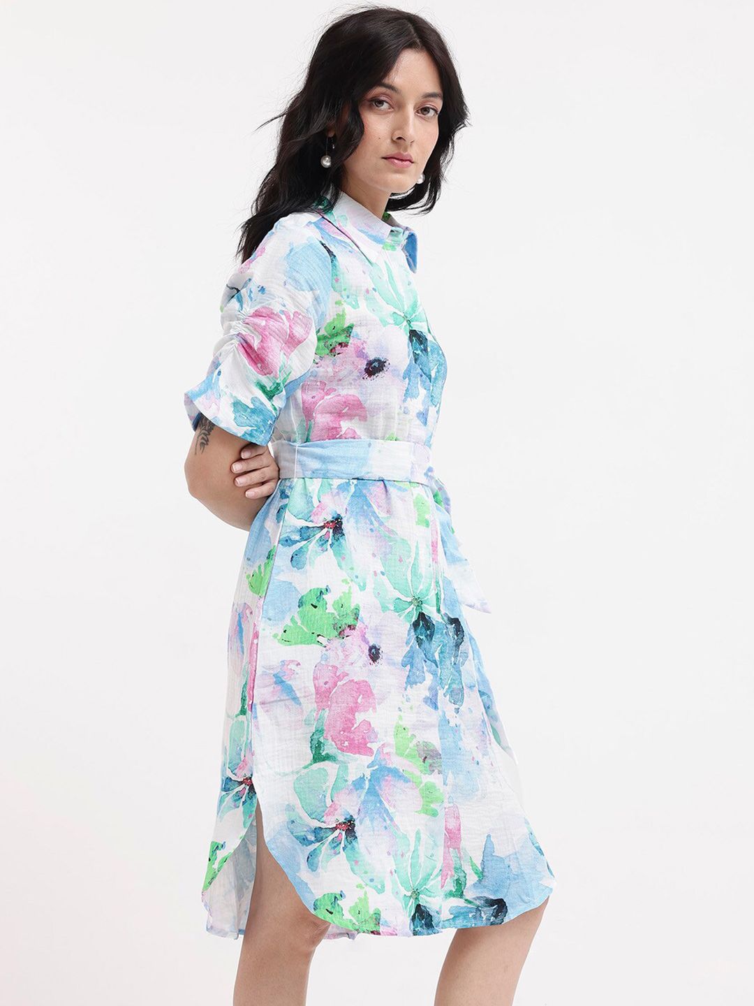 RAREISM Floral Print Knee Length Shirt Dress