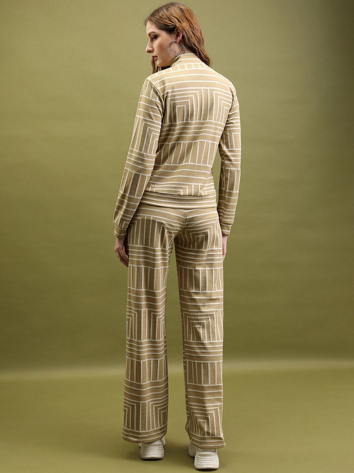 Tokyo Talkies Tan & White Geometric Printed High Neck Sweatshirt With Trouser