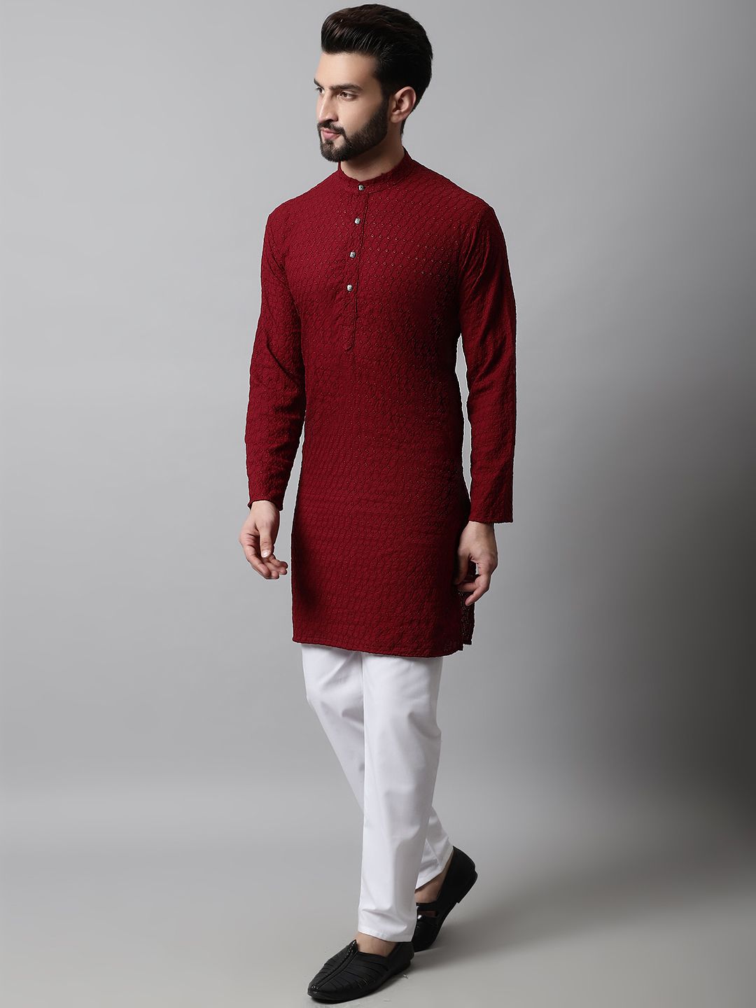 Jompers Men Maroon Embroidered Chikankari Pure Cotton Kurta with Pyjamas
