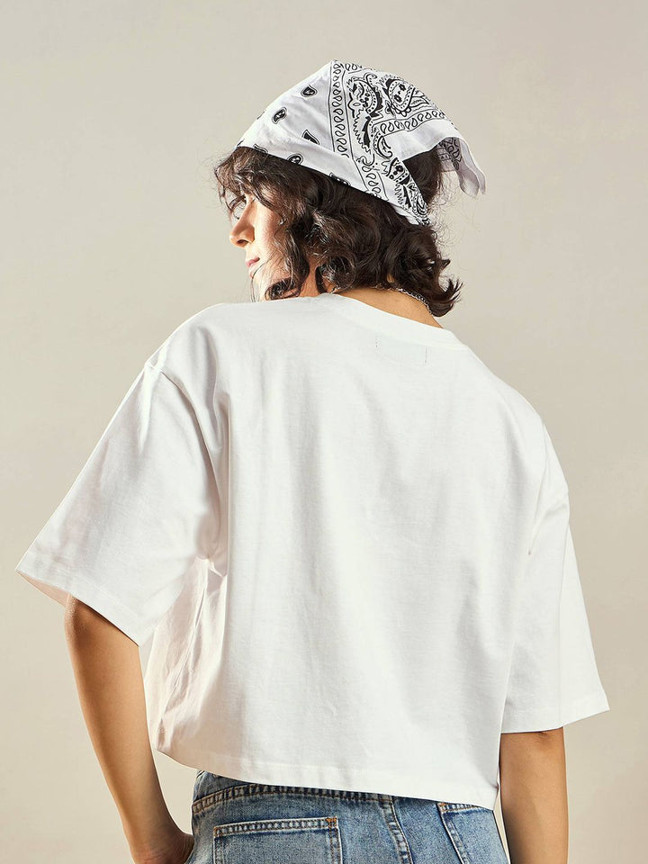 SASSAFRAS White Typography Printed Round Neck Pure Cotton Oversized Crop T-shirt