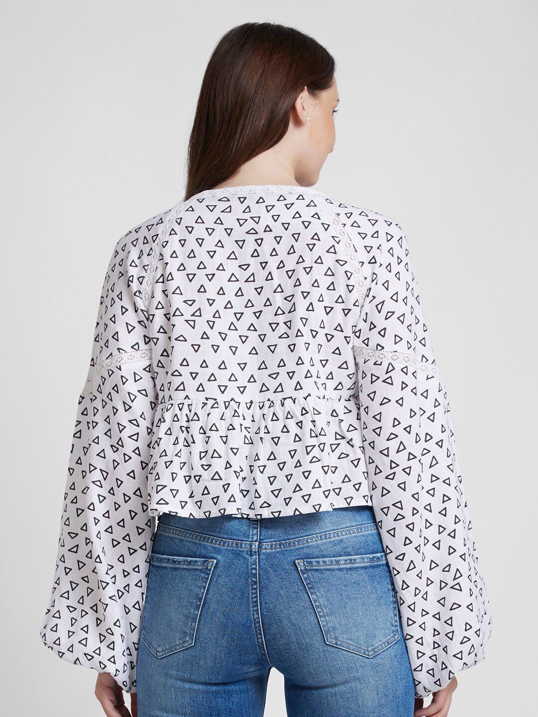 SPYKAR Geometric Printed V-Neck Flared Sleeve Lace Inserts Cotton Peplum Top