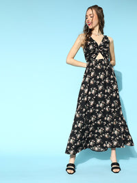 Berrylush Black & Pink Floral Print Crepe Maxi Dress