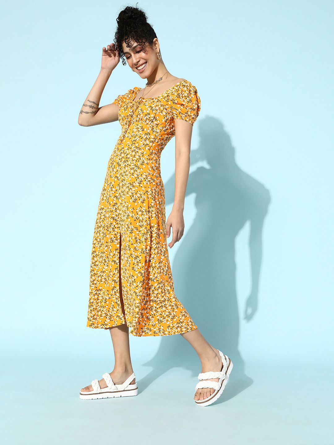 STREET 9 Women Stylish Mustard Floral Empire Dress