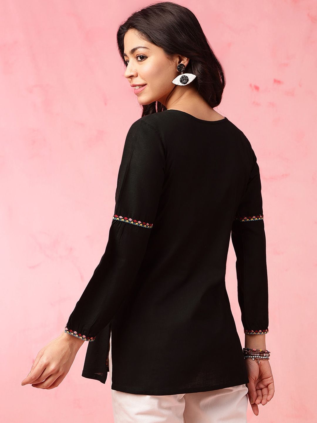 Anouk Black Geometric Embroidered Tie Up Neck Pure Cotton Short Kurti