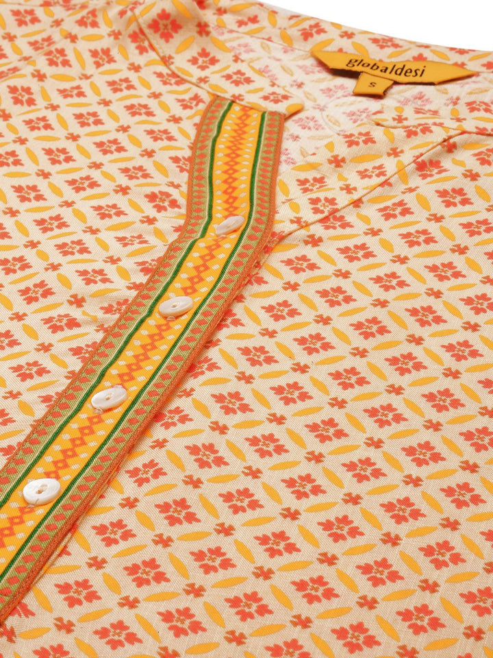 Global Desi Off White & Orange Viscose Printed Pleated Tunic