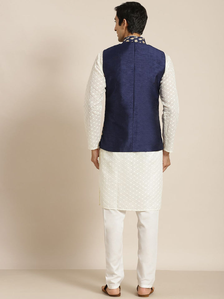 SOJANYA Men Cream-Coloured Chikankari Pure Cotton Kurta with Churidar & Nehru Jacket