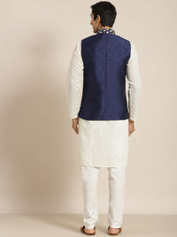 SOJANYA Men Cream-Coloured Chikankari Pure Cotton Kurta with Churidar & Nehru Jacket