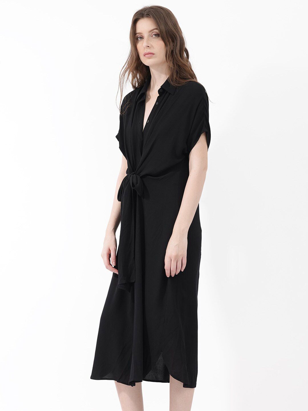 RAREISM Extended Sleeves Tie-Ups Detail Shirt Midi Dress