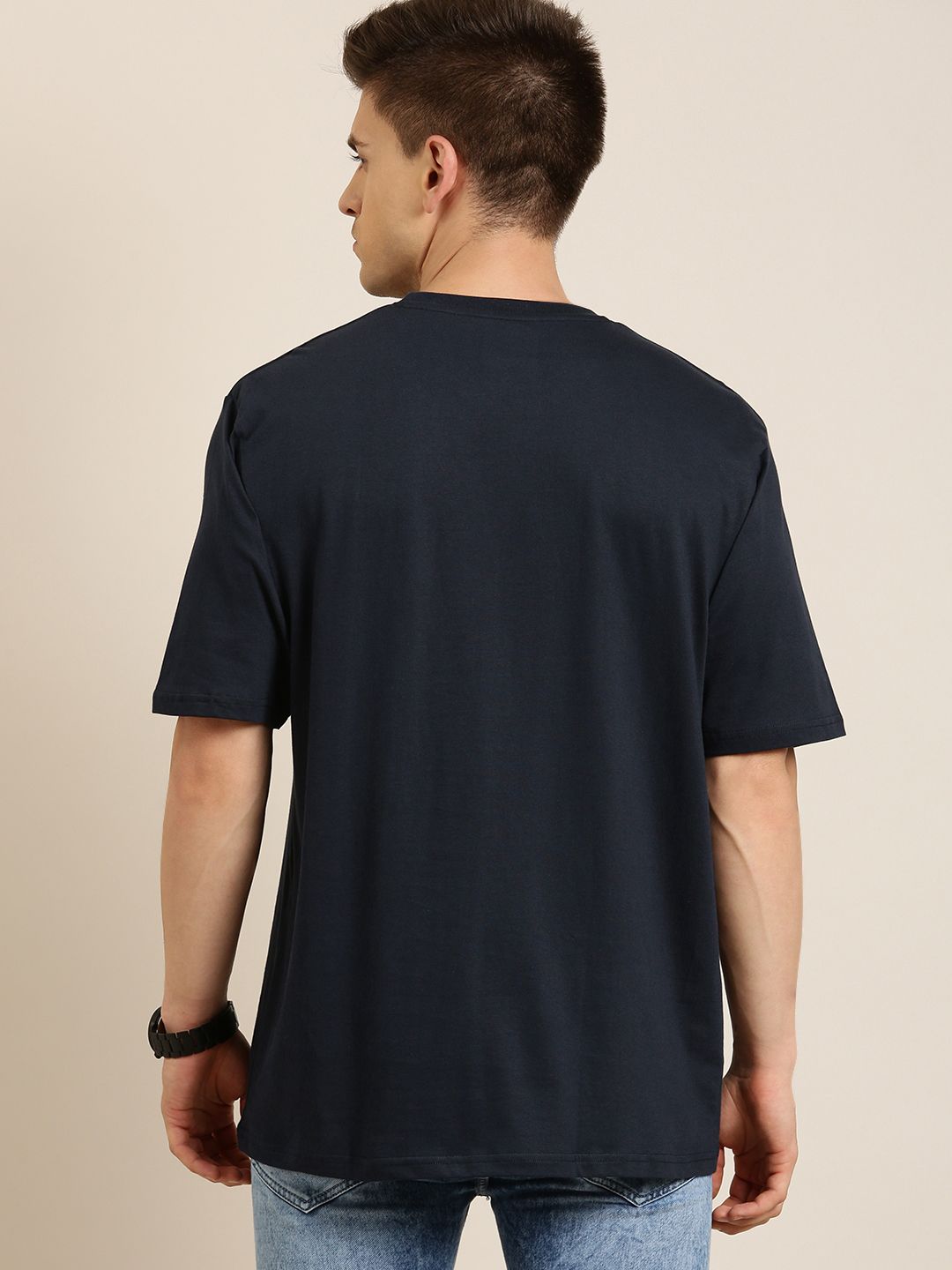 Difference of Opinion Men Navy Blue Pure Cotton Drop-Shoulder Oversized Fit T-shirt