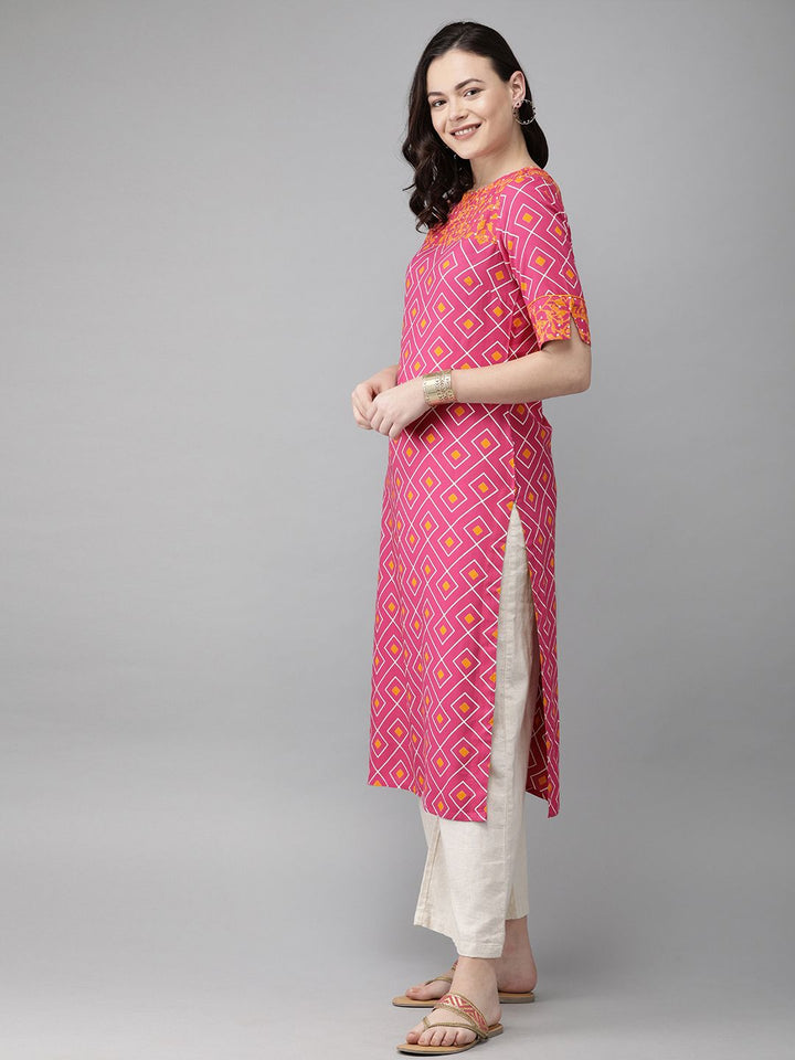 Anouk Women Pink & Mustard Yellow Printed Straight Kurta
