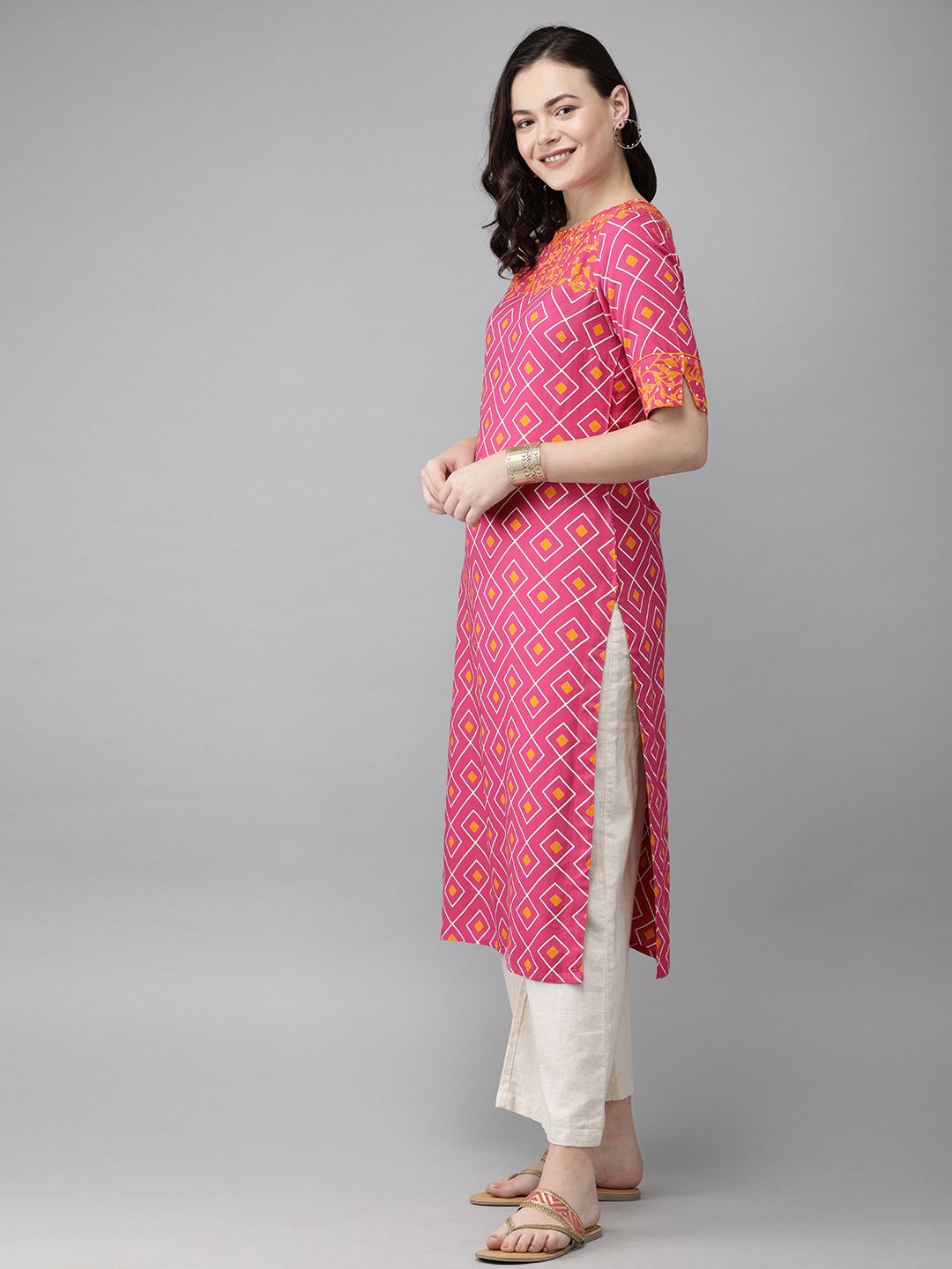 Anouk Women Pink & Mustard Yellow Printed Straight Kurta