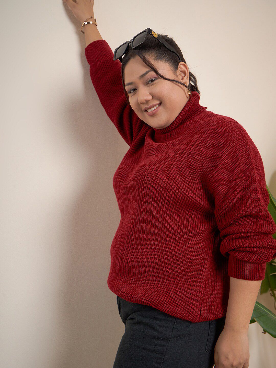 CURVY STREET Plus Size Ribbed Turtle Neck Pure Acrylic Pullover