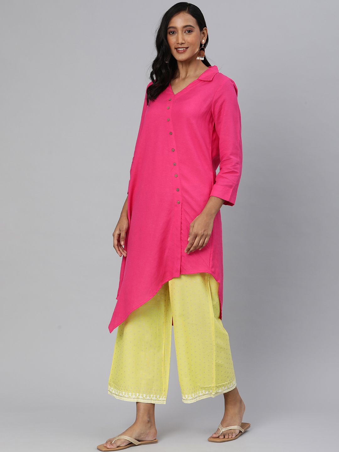 Global Desi Women Pink Solid Shirt Collar Asymmetric Tunic
