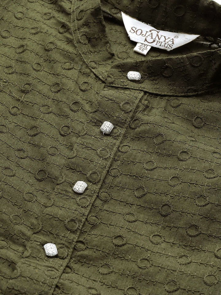 SOJANYA PLUS Size Men Olive Green Geometric Embroidered Pure Cotton Kurta
