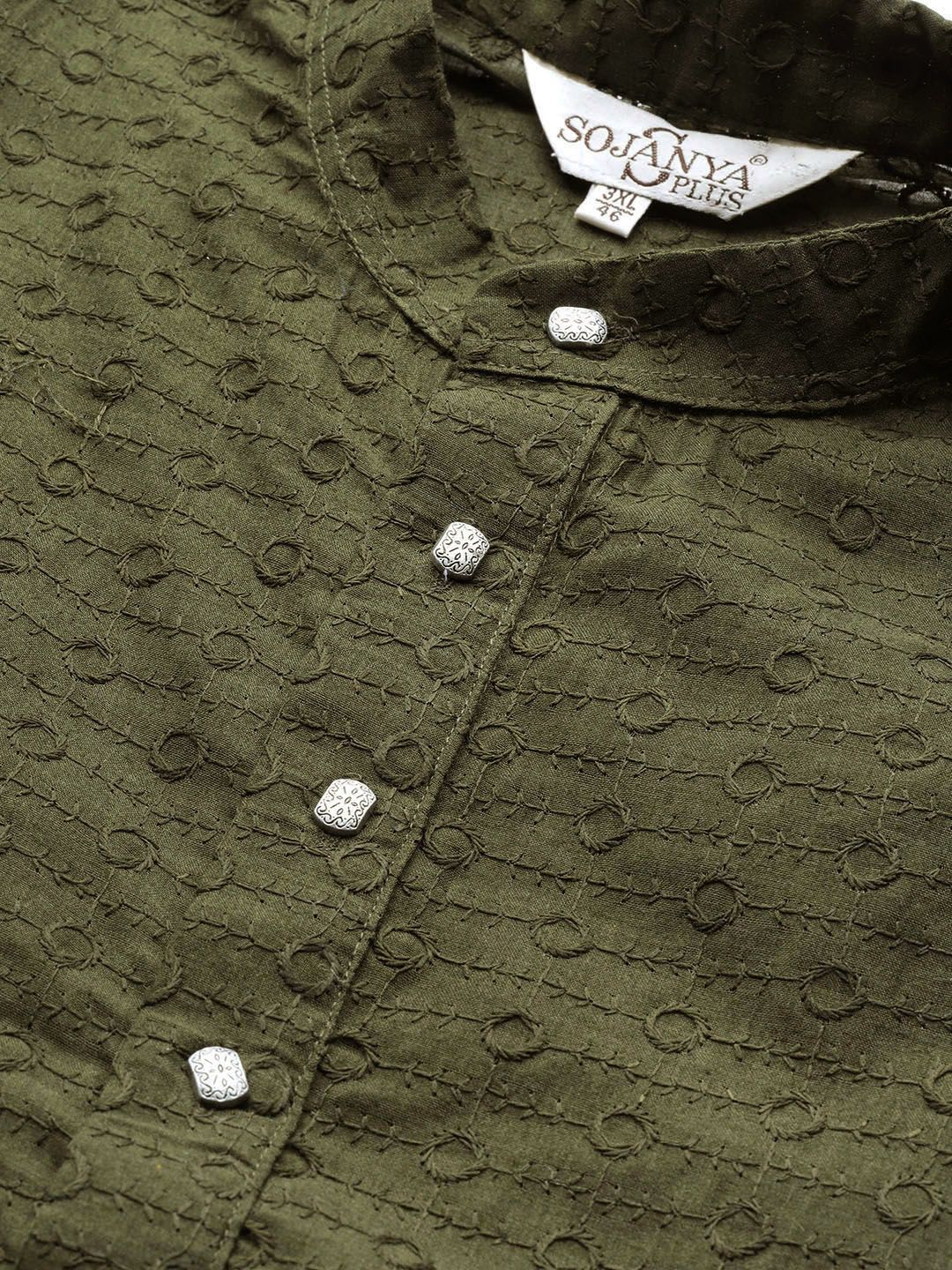 SOJANYA PLUS Size Men Olive Green Geometric Embroidered Pure Cotton Kurta