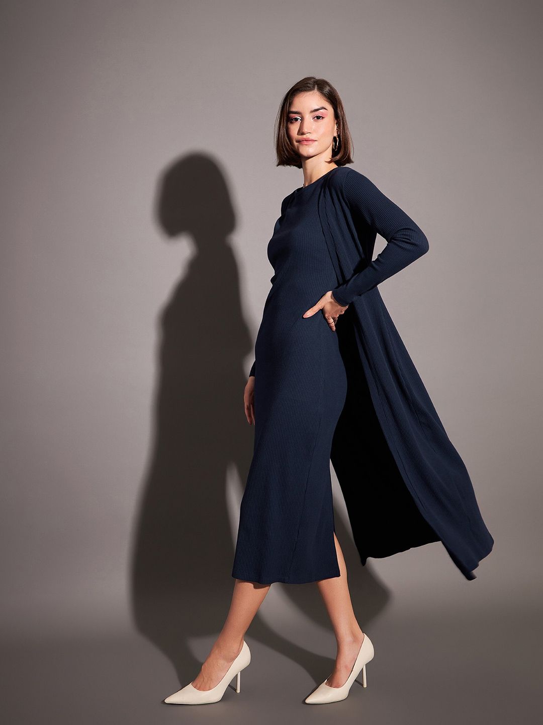 SASSAFRAS Navy Blue Self Design Longline Shrug