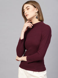 SASSAFRAS Burgundy High Neck Ribbed Top