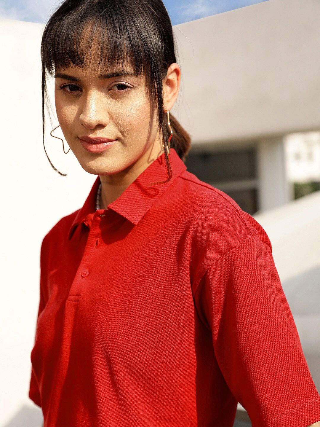 STREET 9 Red Polo Collar Drop Shoulder Sleeves Crop Pure Cotton Oversized T-shirt