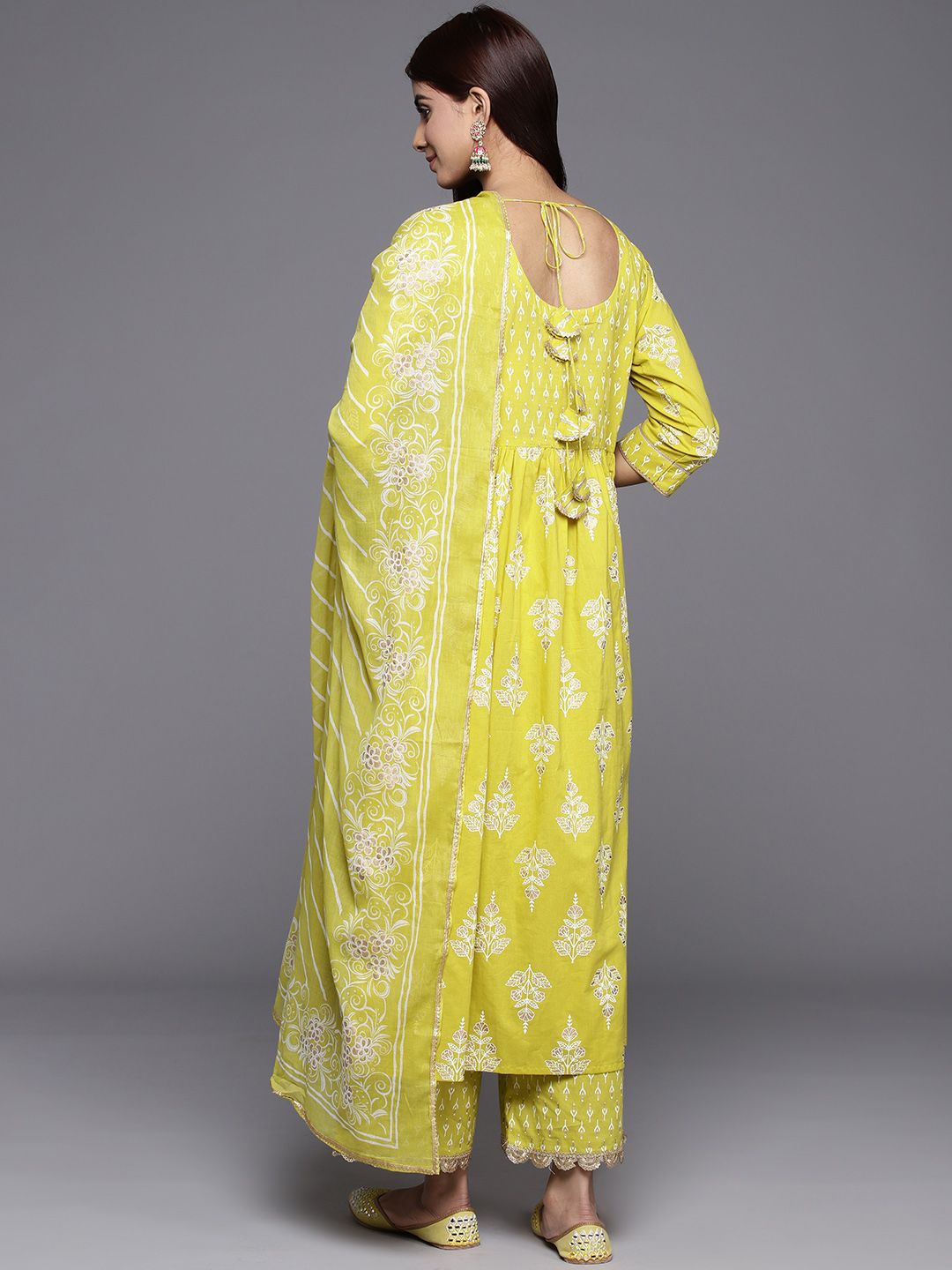Libas Women Floral Yoke Design High Slit Pure Cotton Kurta with Palazzos & With Dupatta