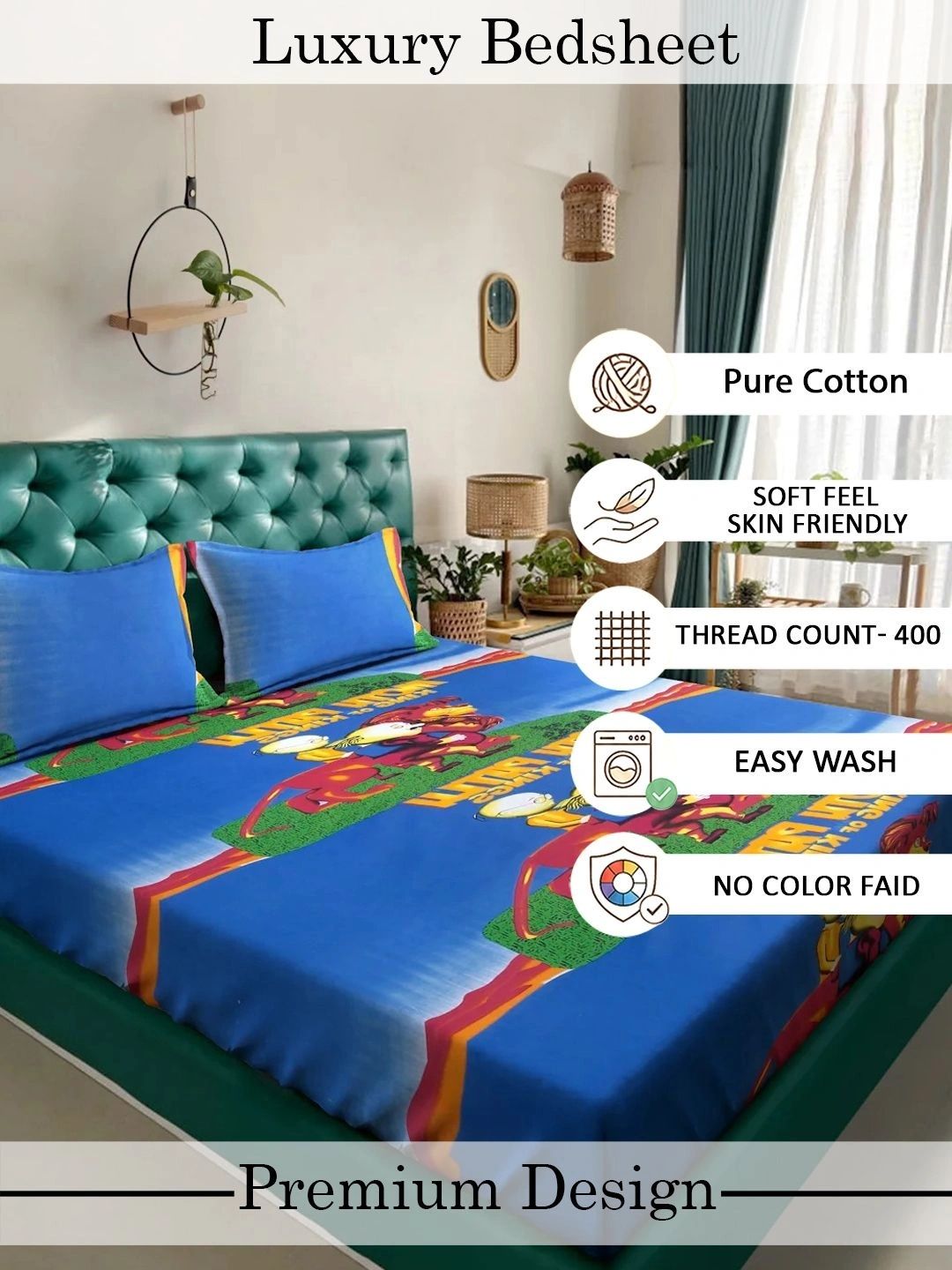 Myntra Elegant Homes Blue Cartoon Characters 400 TC King Bedsheet with 2 Pillow Covers