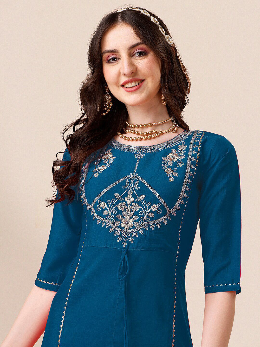 KALINI Ethnic Motifs Yoke Design Thread Work Detail A-Line Kurta & Trouser With Dupatta