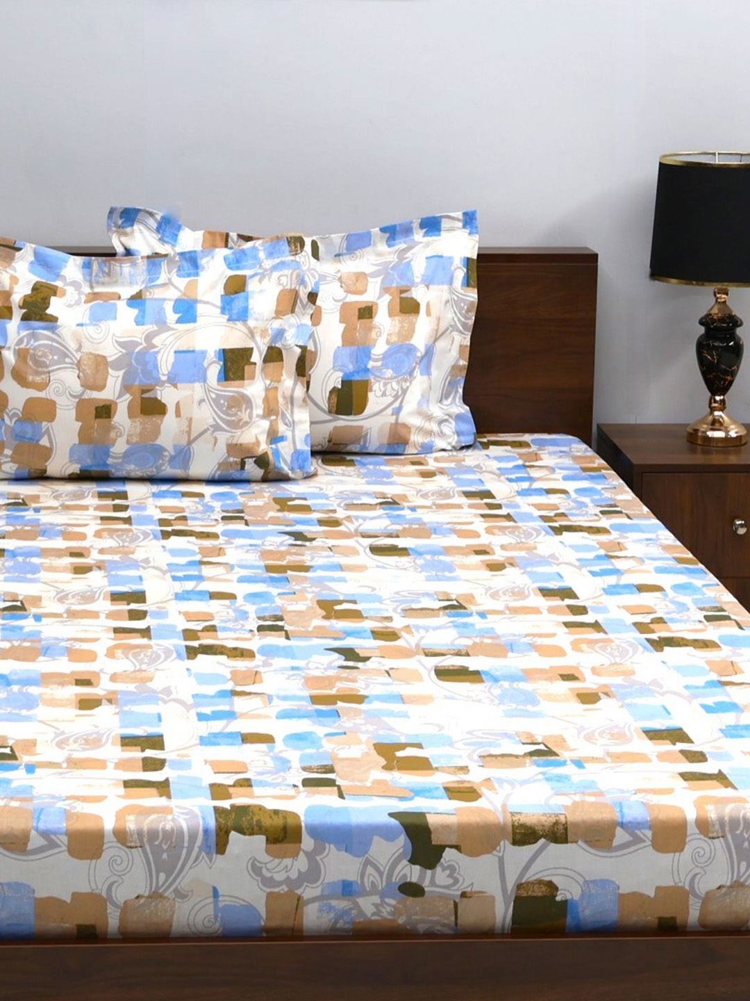 BOMBAY DYEING Allure White & Brown Printed 144 TC Pure Cotton Queen Fitted Bedsheet Set