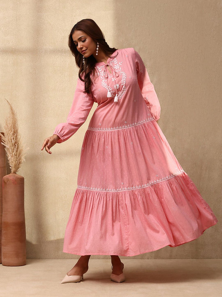 House of Chikankari Women Dust Pink Cotton Chikankari Dress Sulam
