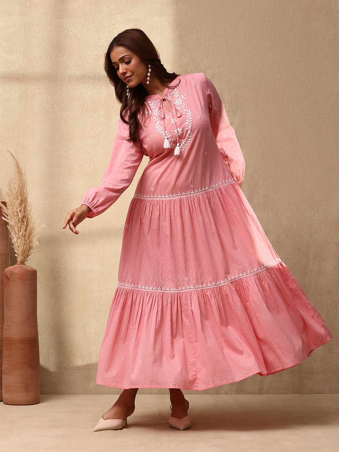 House of Chikankari Women Dust Pink Cotton Chikankari Dress Sulam