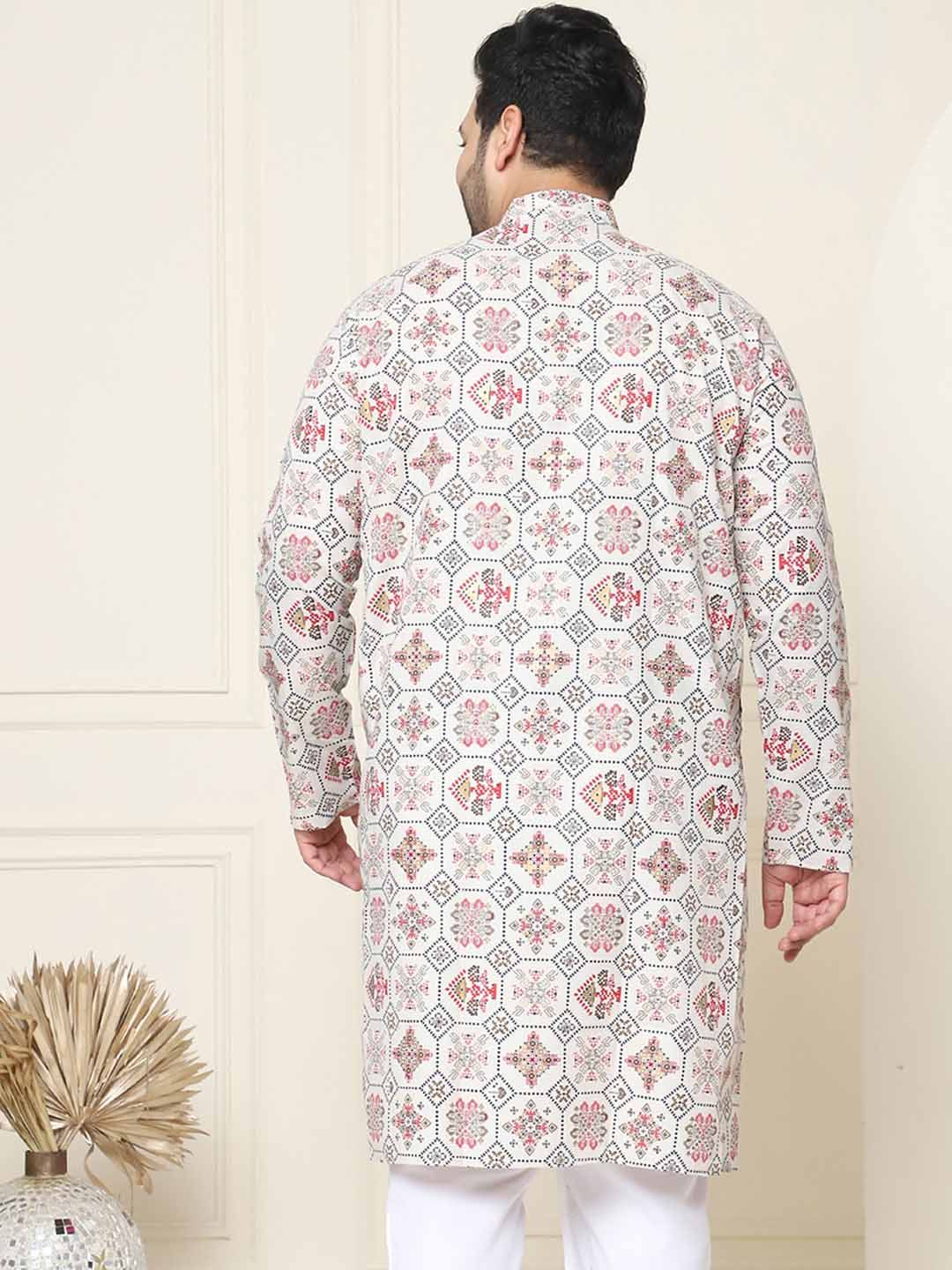 SOJANYA PLUS Ethnic Motifs Printed Band Collar Straight Cotton Linen Kurta