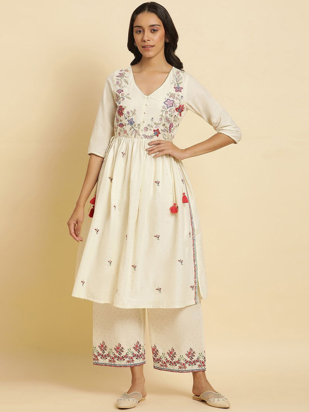W Floral Embroidered Thread Work Pure Cotton A Line Kurta With Trousers & Dupatta