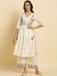 W Floral Embroidered Thread Work Pure Cotton A Line Kurta With Trousers & Dupatta