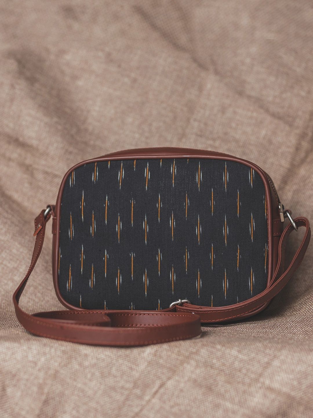 ZOUK Black & Orange Ikkat Woven Design Handcrafted Vegan Leather Sustainable Sling Bag