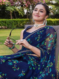 KALINI Women Blue Floral Pure Chiffon Saree