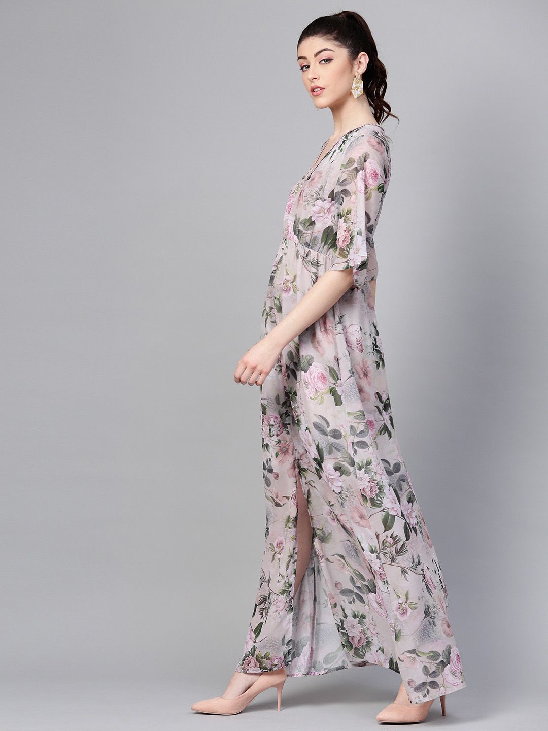 SASSAFRAS Taupe & Green Floral Printed Maxi Dress