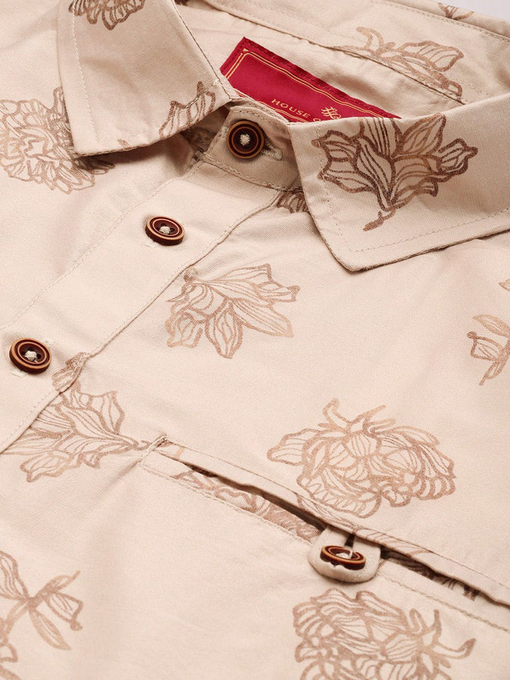 House of Pataudi Floral Printed Shirt Collar Jashn Kurta with Trousers