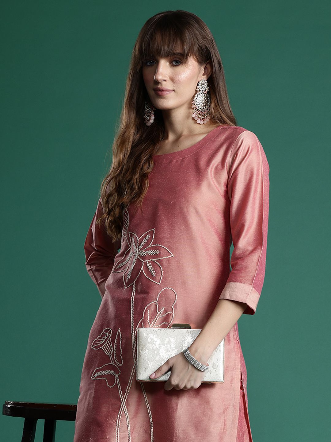 Indo Era Floral Embroidered Thread Work Kurta with Trousers