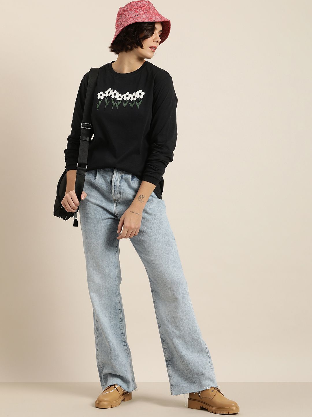 DILLINGER Women Black & White Printed Pure Cotton Loose T-shirt