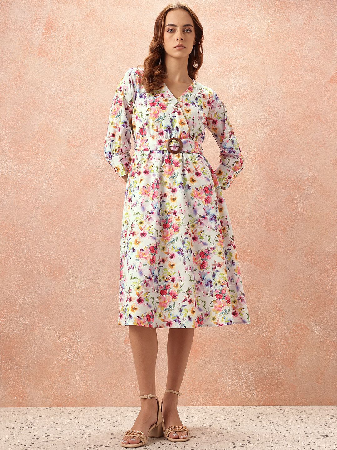 all about you Floral Print Wrap-Style Dress With Belt