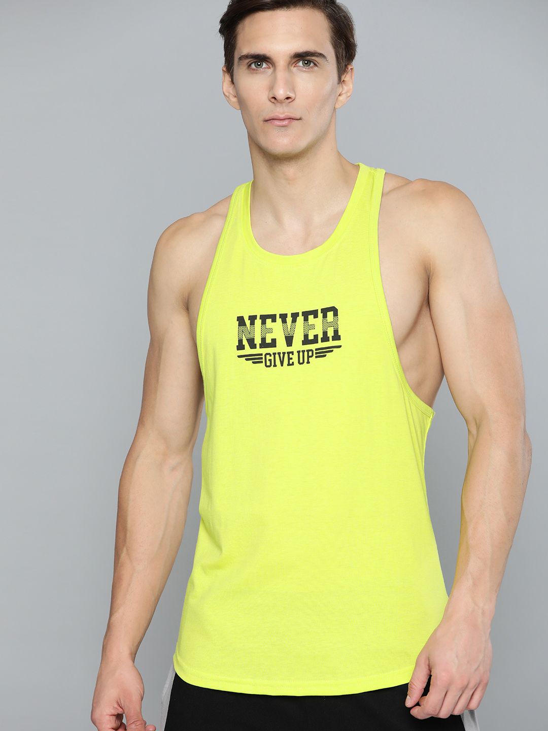 HRX By Hrithik Roshan Men Neon Lime Bio-Wash Typography Printed Training T-shirt