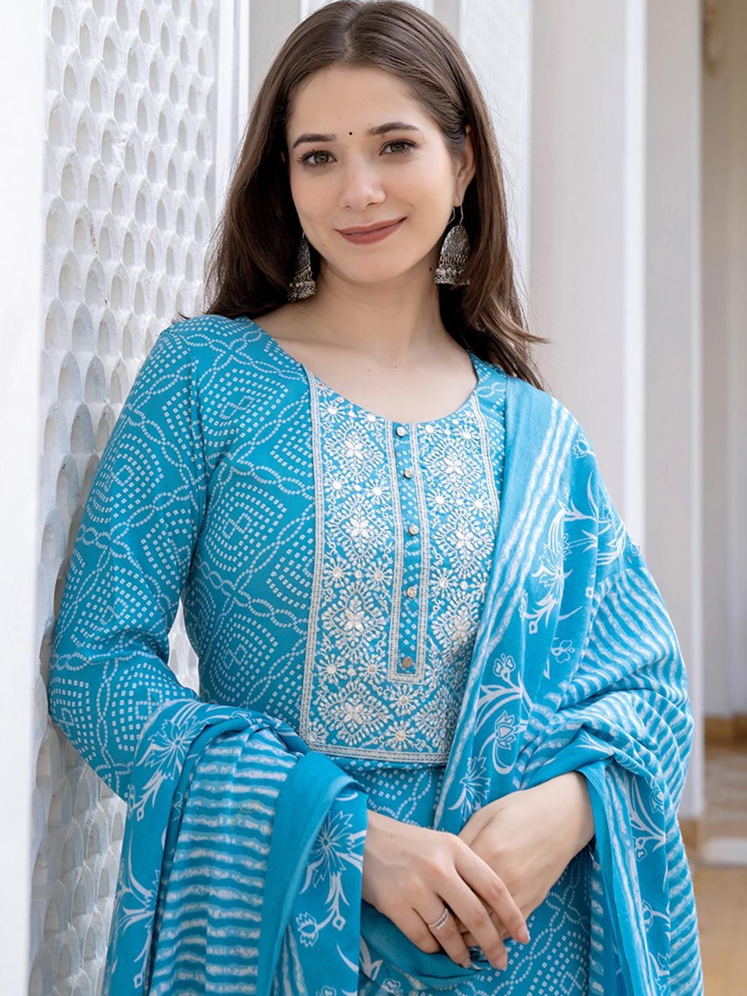 KALINI Bandhani Printed Regular Mirror Work Kurta With Trousers & Dupatta