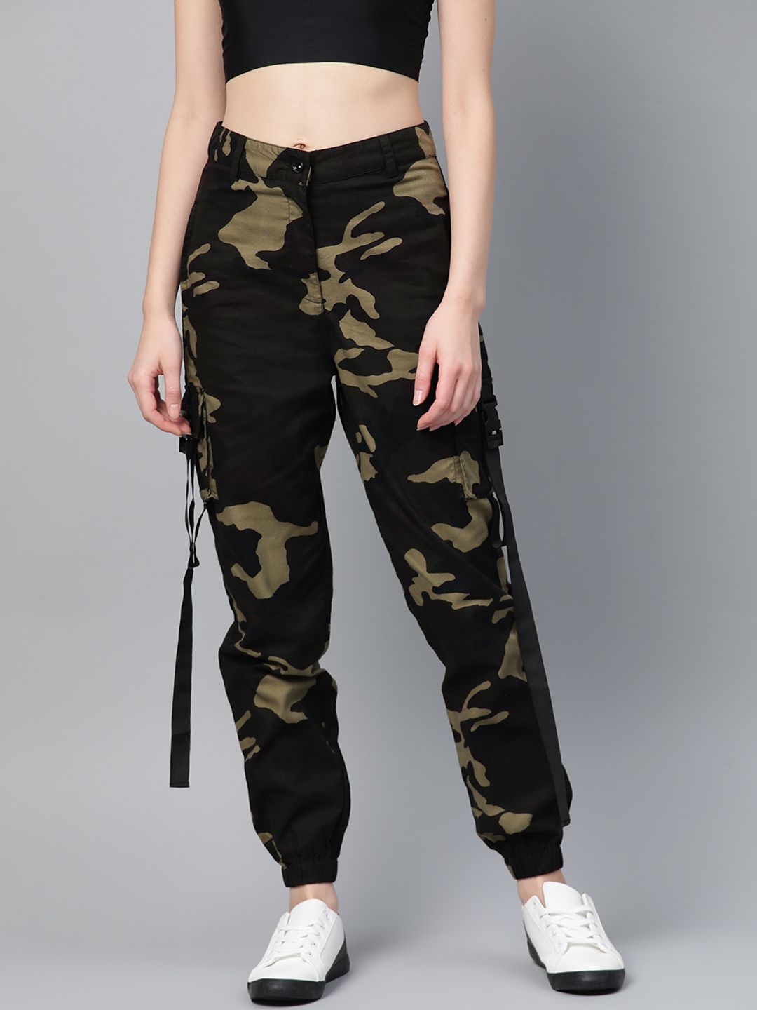STREET 9 Women Olive Green & Brown Camouflage Print Cargos