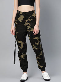 STREET 9 Women Olive Green & Brown Camouflage Print Cargos