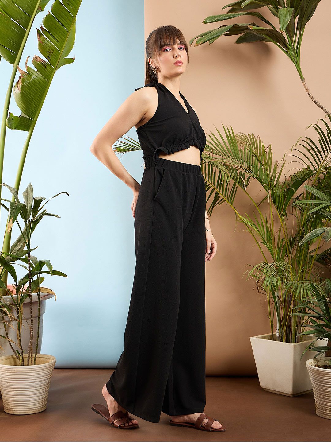SASSAFRAS Black Halter Neck Basic Jumpsuit