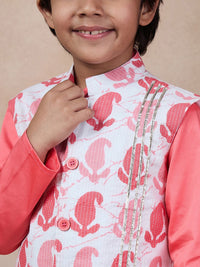 pspeaches Boys Mandarin Collar Long Sleeves Straight Kurta With Pyjamas & Jacket